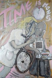 TIME IS MONEY Acryl auf Leinwand (Mischtechnik) 120x80cm Code: TIME IS MONEY Time for eating: 5 Min. Time for washing: 3 Min. Time for toilet: 4 Min. The next person in need...